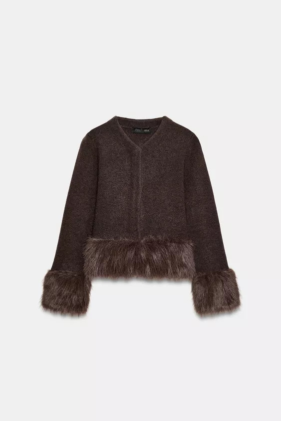 CONTRAST KNIT FAUX FUR CARDIGAN | Zara UK