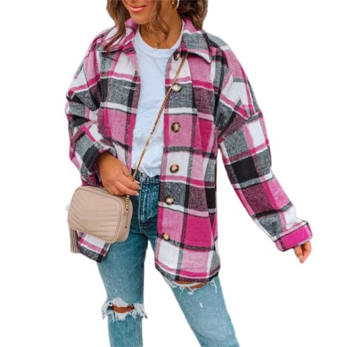 Flannel Shirt Women Plaid Oversized Shacket Jacket Business Casual Button Down Long Sleeve Coats Fall Clothes Outfits Hot Pink | Amazon (US)