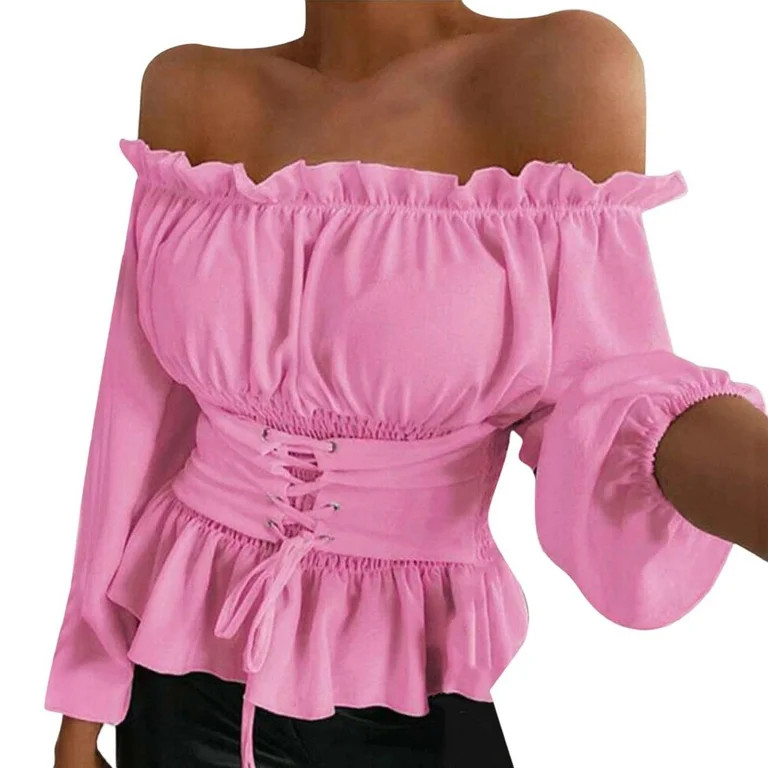 Tiweut Casual Womens T-Shirts Elegant Off Shoulder Long Sleeve Ruffle Hem Fashion Style Pullover ... | Walmart (US)