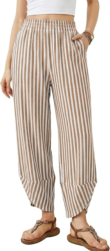 Athlisan Women's Wide Leg Striped Palazzo Pants Summer Elastic Waist Baggy Casual Lounge Trousers... | Amazon (US)