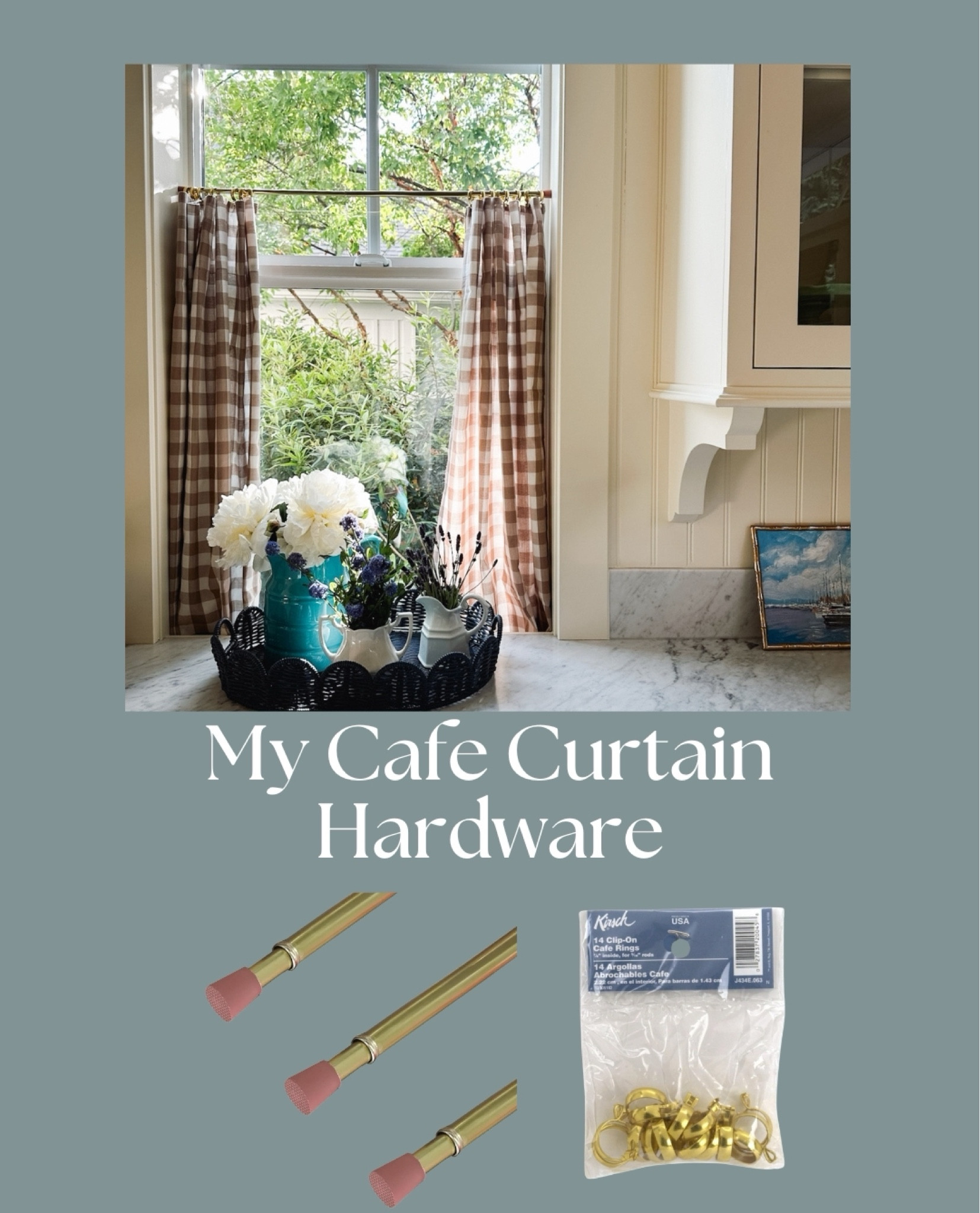 My cafe curtain and hardware (rod and mini gold rings). Linked my exact buffalo check curtain (had other color options, mine is portabella) and linked a few other curtains I have. 

#LTKStyleTip #LTKHome #LTKSeasonal