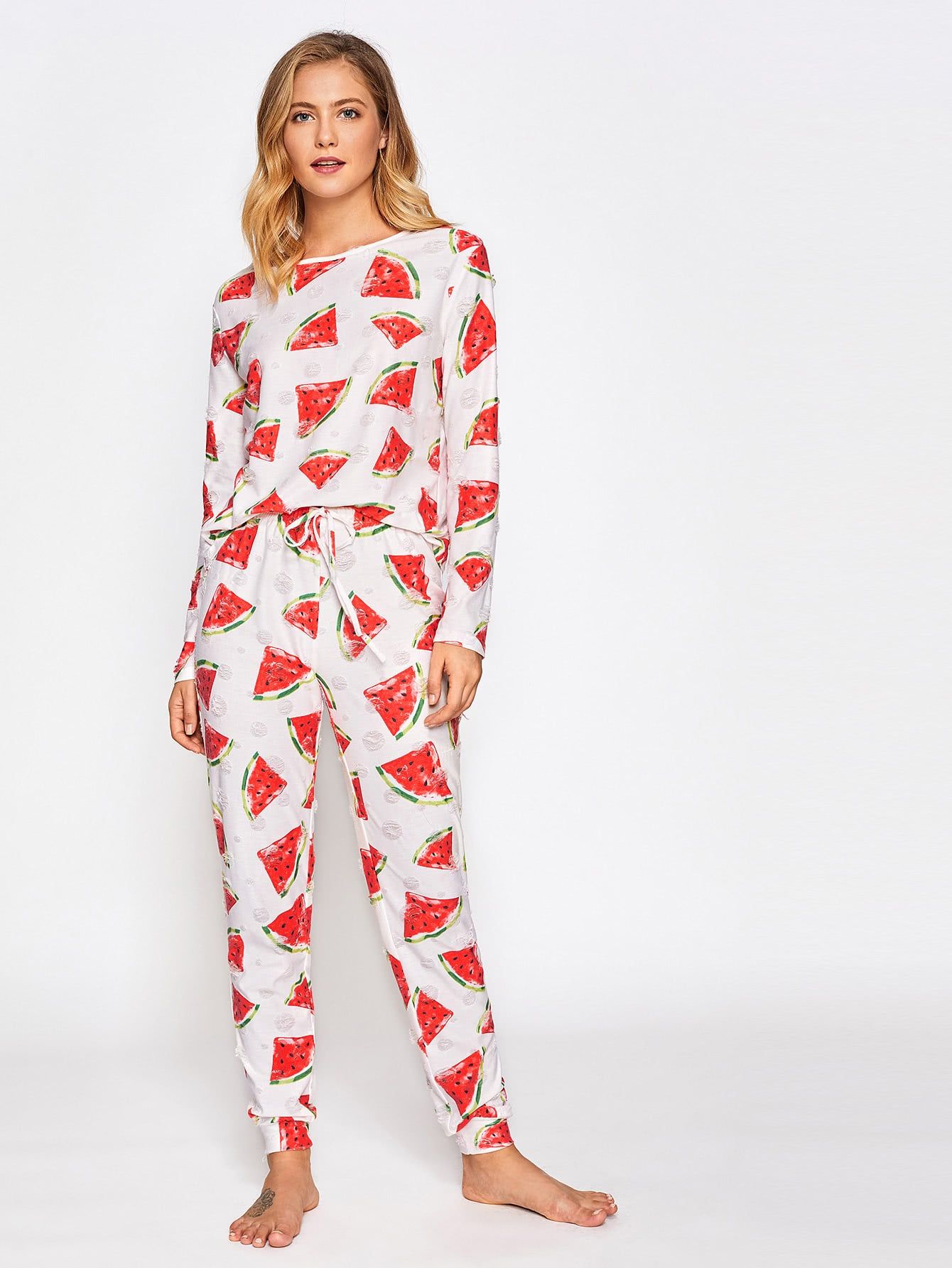 Allover Watermelon Print Top And Drawstring Pants Pajama Set | SHEIN