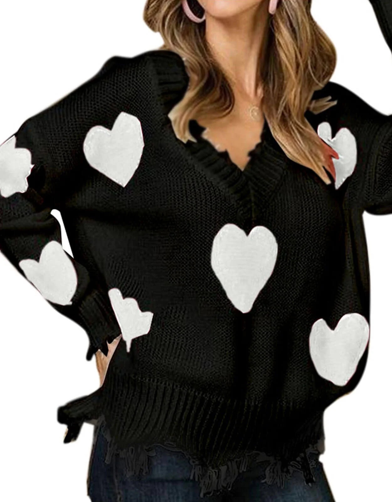 Womens Sweaters Valentine's Day Hearts Print Pullover Sweater Casual Loose Knitted Warm Sweaters ... | Walmart (US)