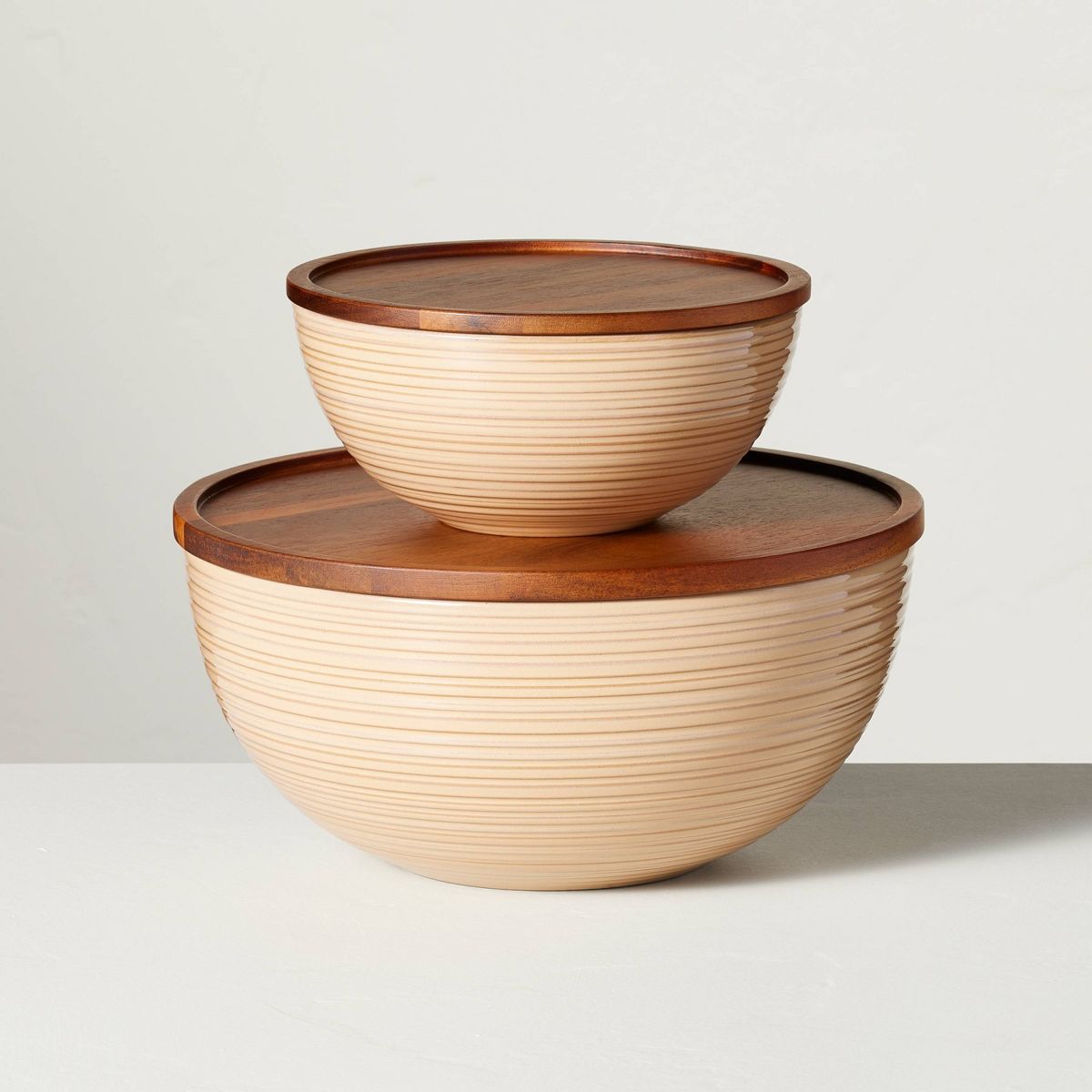 Ribbed Stoneware Serving Bowls with Wood Lids Blush/Brown (Set of 2) - Hearth & Hand™ with Magn... | Target