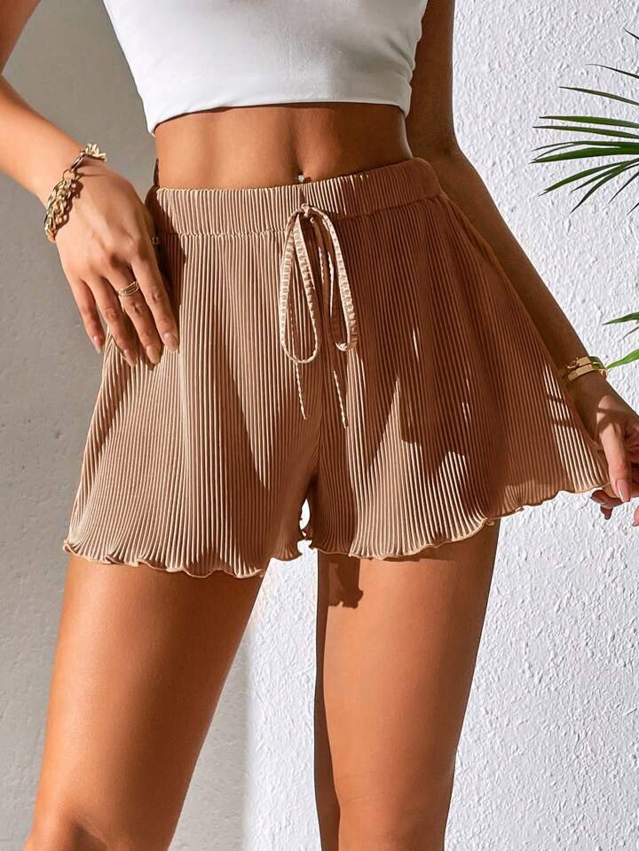 SHEIN PETITE Tie Waist Lettuce Trim Shorts | SHEIN