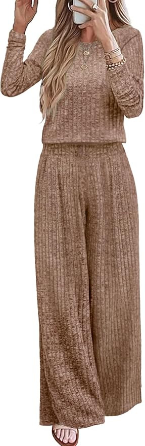 Ybenlow Women's Two Piece Lounge Sets Pajamas Outfits Long Sleeve Ribbed Knit Crop Top Loose Wide... | Amazon (US)