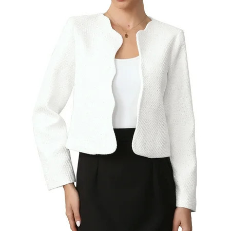 Tweed Jackets for Women Long Sleeve Crewneck Open Front Work Business Blazer Jacket XS White | Walmart (US)