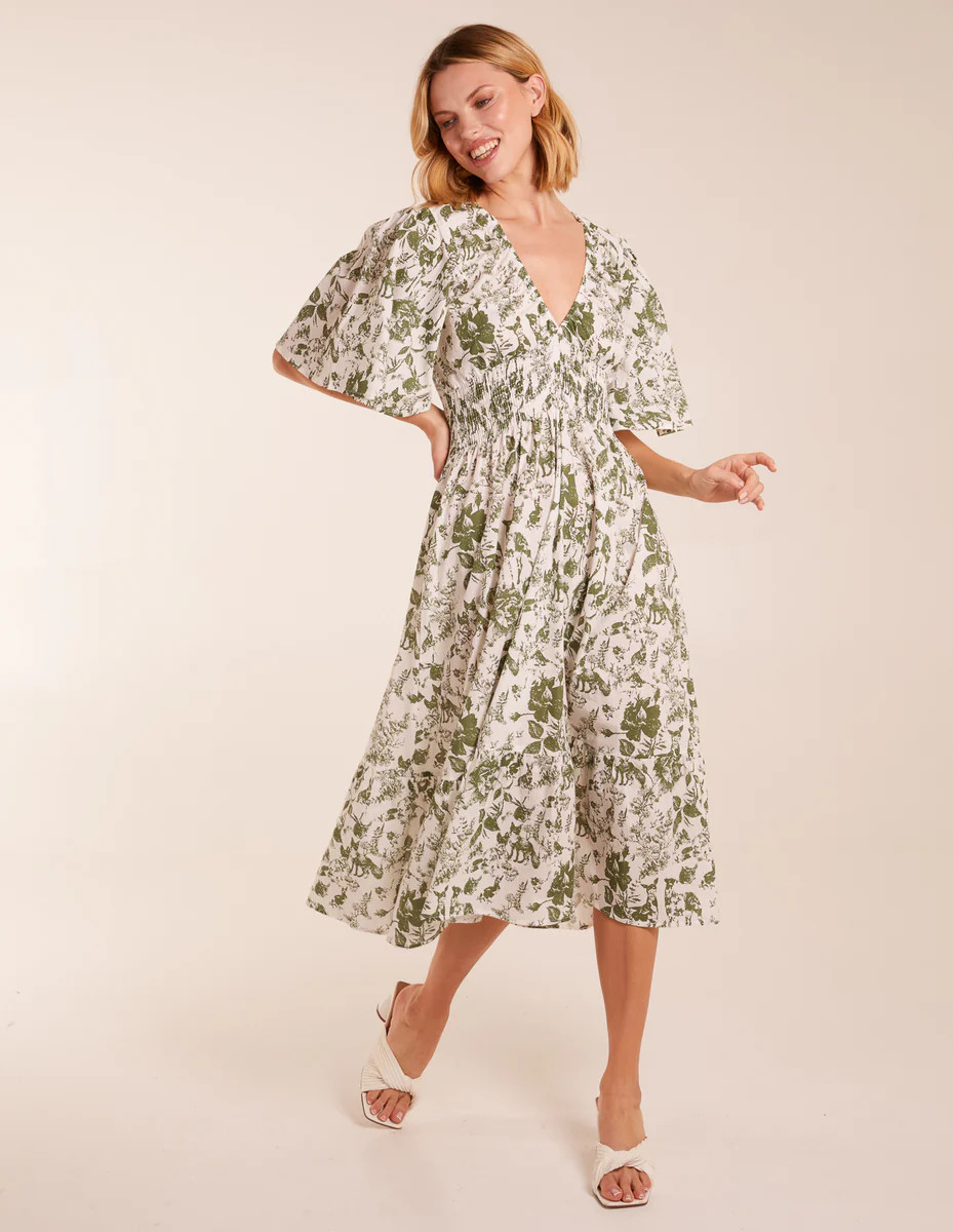 Khaki | V Neck Elastic Waist Dress | Blue Vanilla | Blue Vanilla