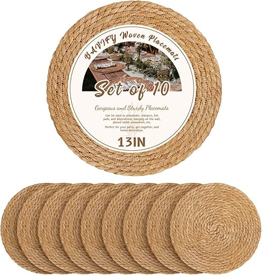13 in Round Woven Placemats Plate Chargers Set of 10, Boho Farmhouse Rustic Woven Place Mats for ... | Amazon (US)