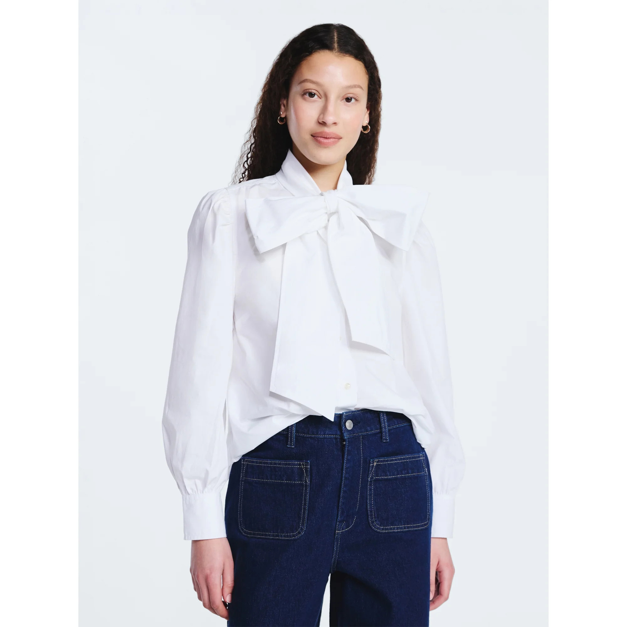 Free Assembly Women's Cotton Tie Neck Blouse with Long Puff Sleeves, Sizes XS-XXL | Walmart (US)
