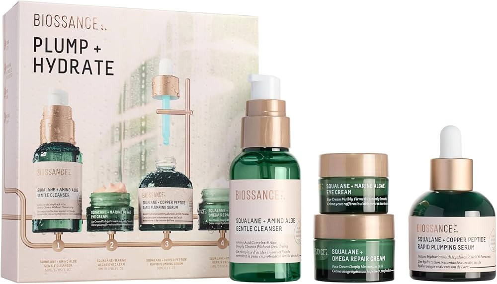 Biossance Plump and Hydrate Skincare Set - Amino Aloe Gentle Foaming Cleanser, Marine Algae Eye C... | Amazon (US)
