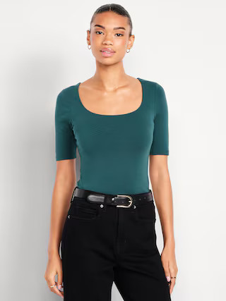 Fitted Double-Layer Elbow-Sleeve Scoop-Neck Top | Old Navy (US)