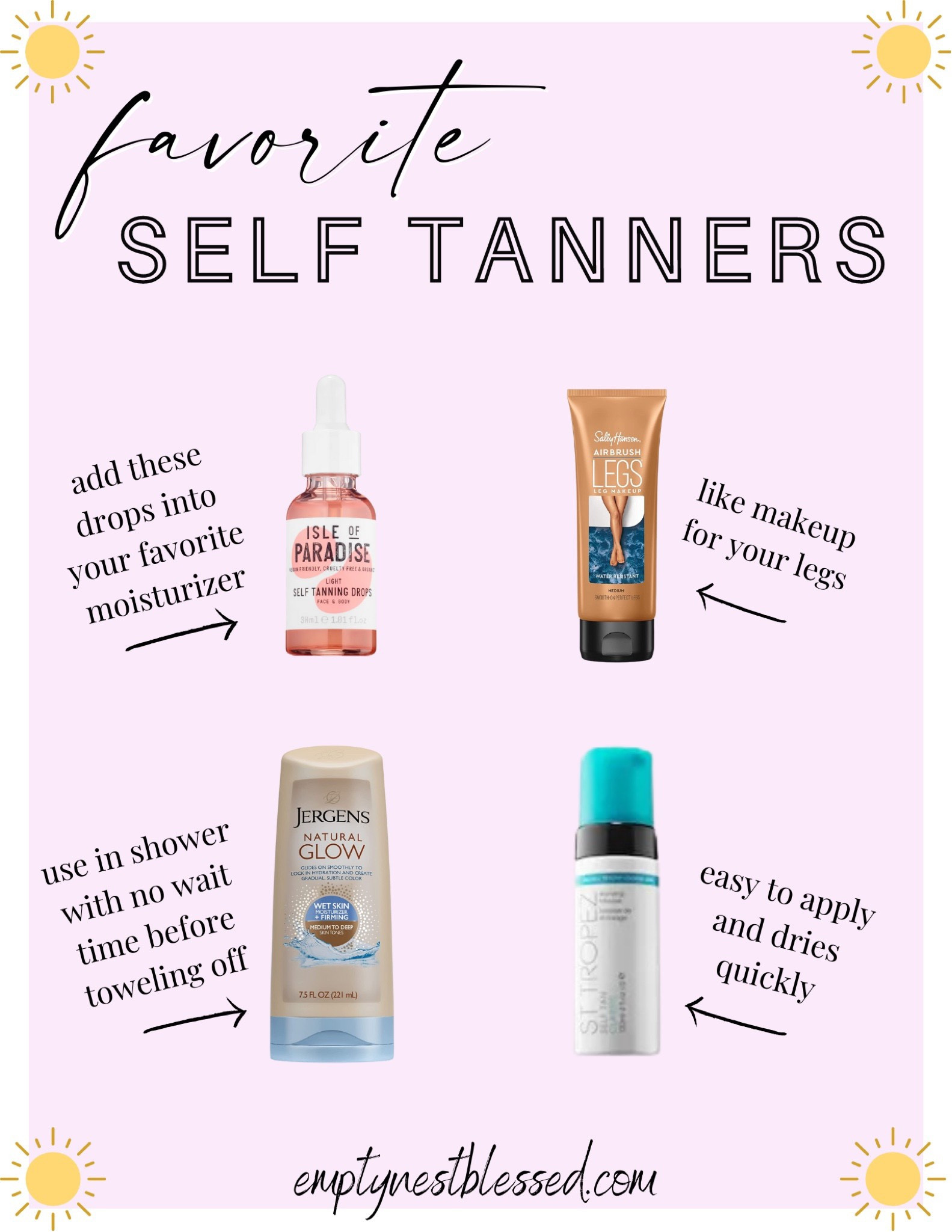 Get that perfect sun-kissed glow without the harmful UV rays ☀️
Warmer weather is around the corner so it's time to start working on that sunless tan.
These are my favorite self-tanners and all are easy to apply.


#LTKSeasonal #LTKunder50 #LTKswim