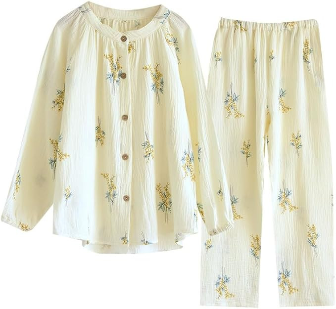 Womens Cotton Gauze Pajama Sets Muslin Pj Set Crew Neck Button Down Sleepwear 2 Piece Lounge Set | Amazon (US)