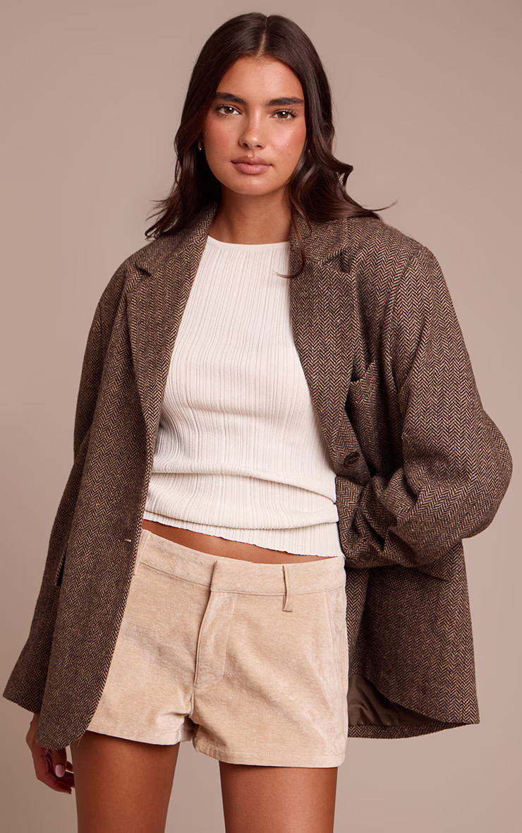 Brown Herringbone Grandad Oversized Blazer | PrettyLittleThing UK