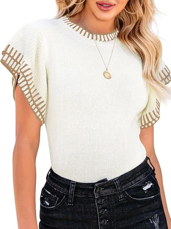 Saodimallsu Womens Short Sleeve Sweaters Tops Summer Ruffle Striped Loose Crew Neck Lightweight S... | Amazon (US)