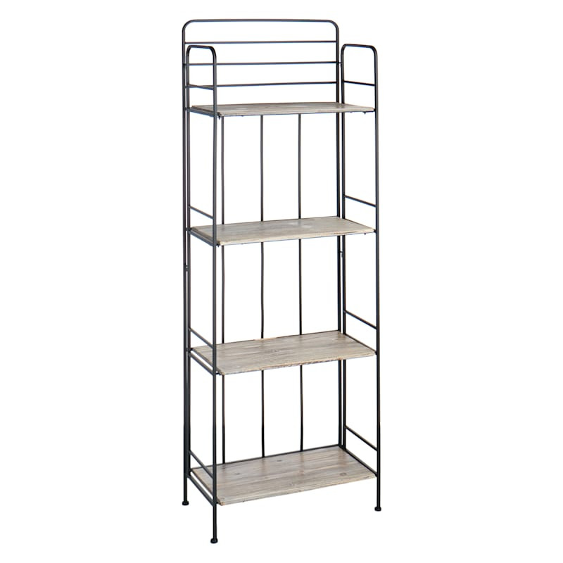 4-Tier Black Metal Baker Rack with Folding Wooden Top Shelves | At Home