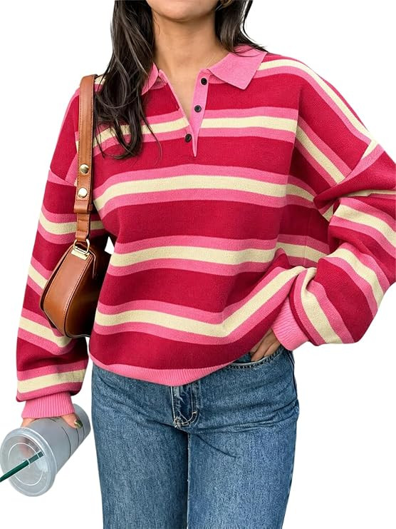 Tankaneo Sweaters for Women Striped Polo Sweater Casual Pullover Knit Tops | Amazon (US)