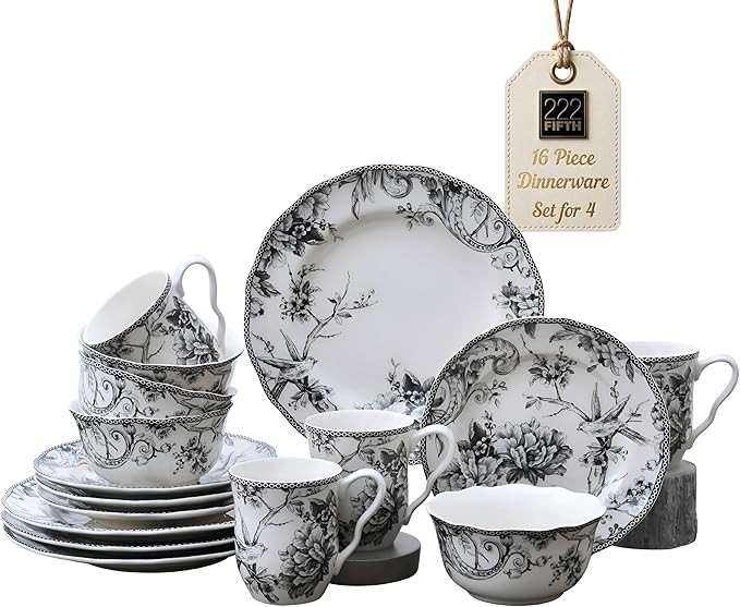 222 Fifth Adelaide 16-Piece Black Porcelain Dinnerware Set – Service for 4, Featuring Hand-Appl... | Amazon (US)