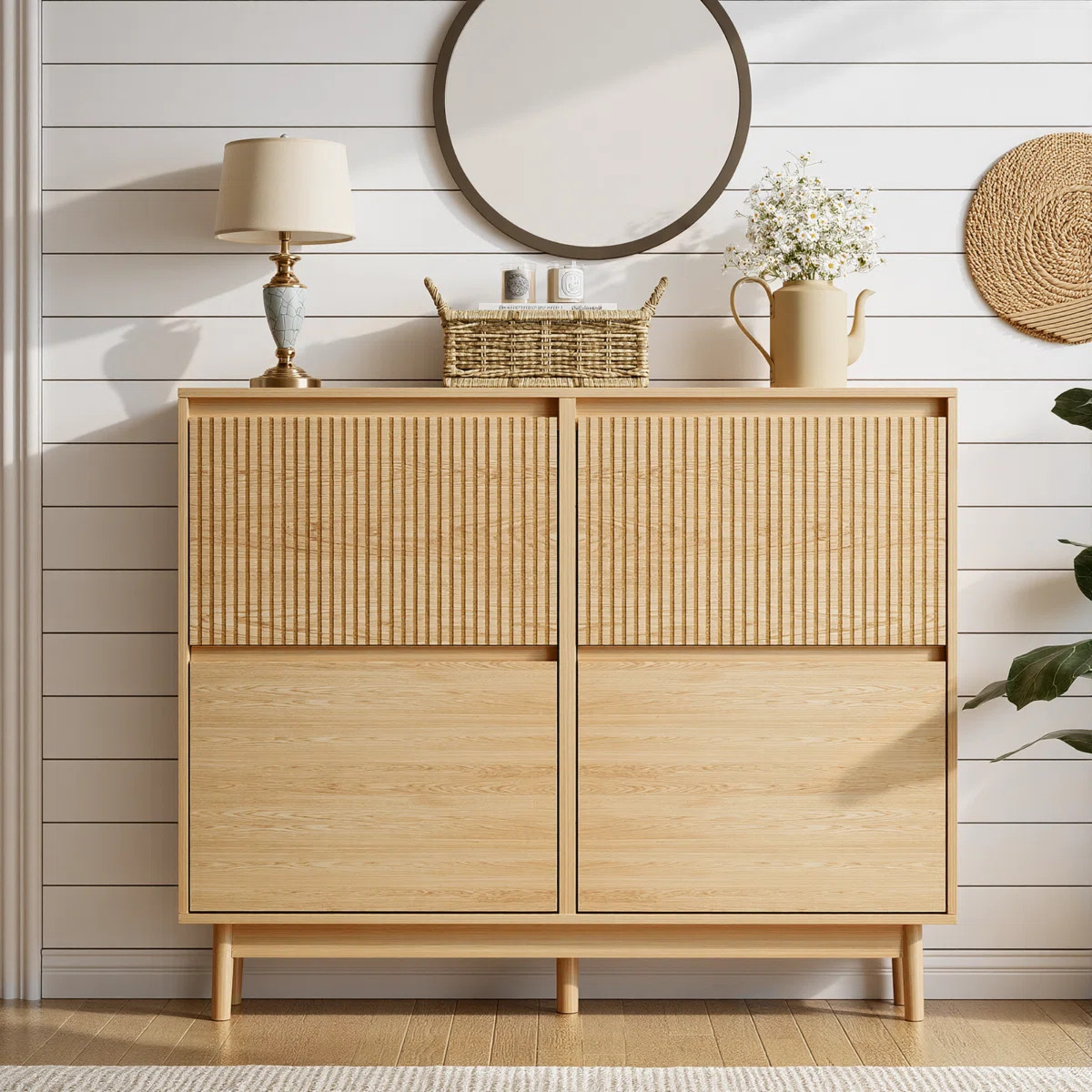 4 Flip Drawers Shoe Storage Cabinet, Shoe Rack with Adjustable Shelf, Narrow Freestanding Hidden ... | Wayfair North America