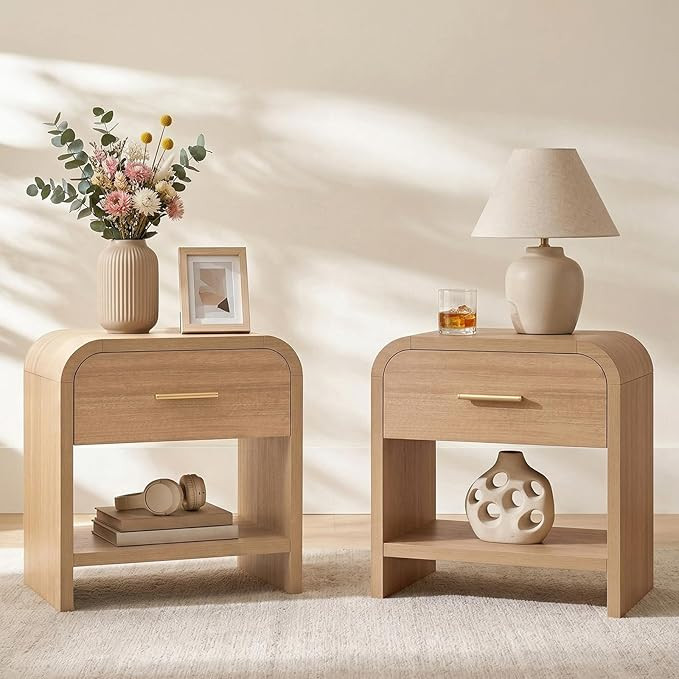 Night Stand Set of 2 [Unique Curved Profile] [FSC-Certified Wooden Board] 1-Drawer and 1 Storage ... | Amazon (US)