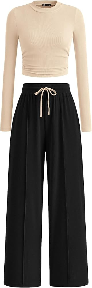 PRETTYGARDEN Womens 2 Piece Long Sleeve Crop Top Wide Leg Palazzo Pants Set | Amazon (US)