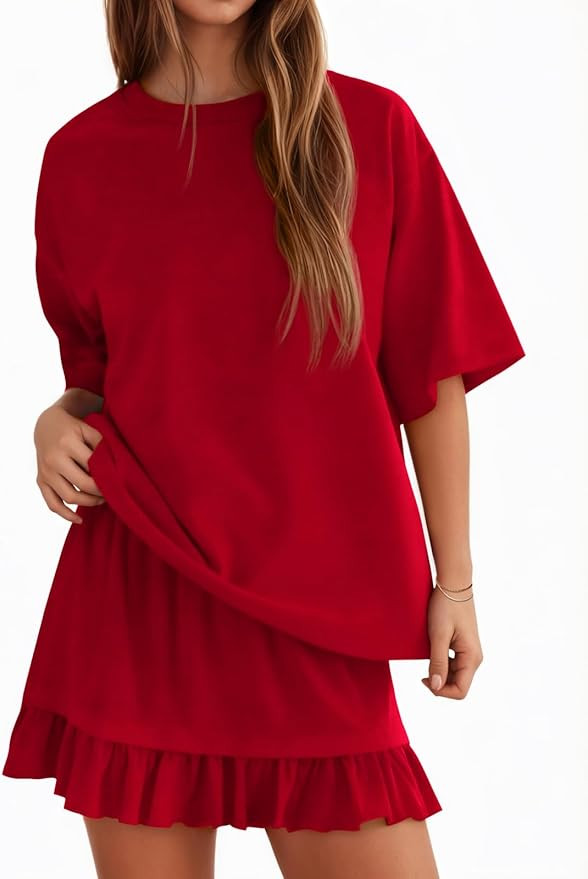 Amazon.com: Yousify Womens Two Piece Outfits Summer Short Sleeve Crewneck Lounge Wear Red 2 Piece... | Amazon (US)