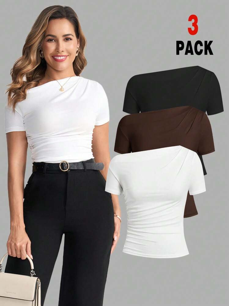 Ellevyn Women's Casual Plain Asymmetric Neckline Ruched T-Shirt, Summer | SHEIN