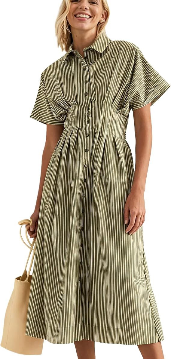 Women Striped Button Down Pleated Shirt Dress Summer Short Sleeve Ruffle A Line Swing Long Blouse... | Amazon (US)