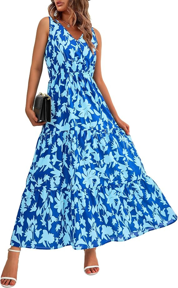 BTFBM Women Summer Dresses, Casual Sleeveless Wedding Gust Maxi Dress, V Neck, Floral, A-Line, Bo... | Amazon (US)