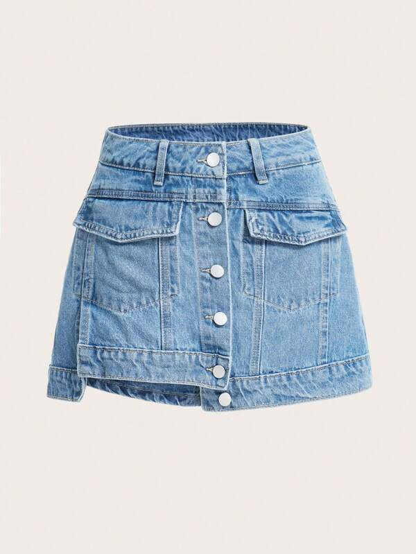 SHEIN ICON Flap Pocket Button Front Denim Skort | SHEIN