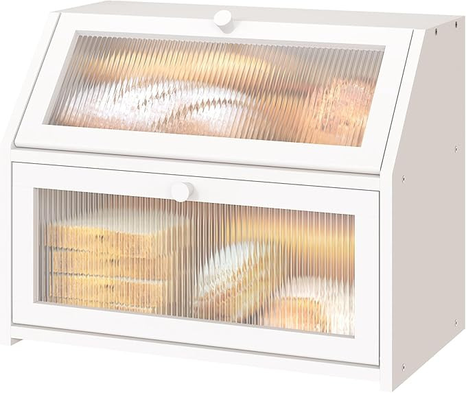 Vriccc White Bread Box for Kitchen Counter, Large Bamboo Wood Double Layer Bread Box, Wooden Brea... | Amazon (US)