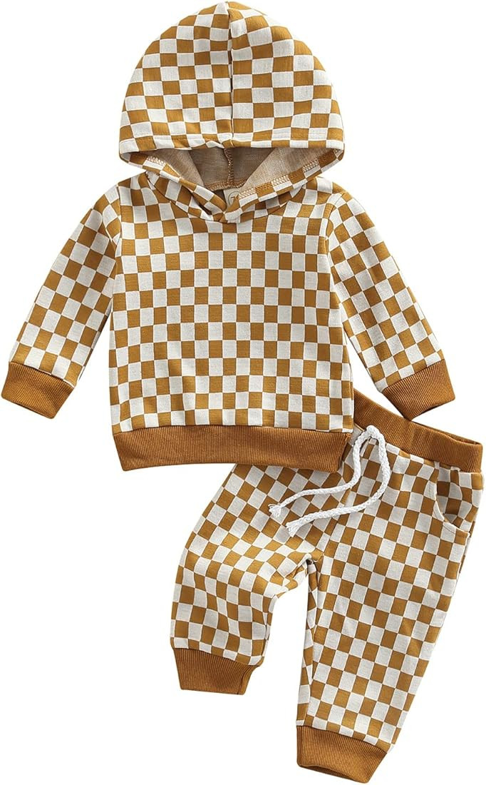 Baby Boy Girl Clothes Pants Set Checkerboard Long Sleeve Hoodies Tops Sweatpants Infant Fall Winter  | Amazon (US)
