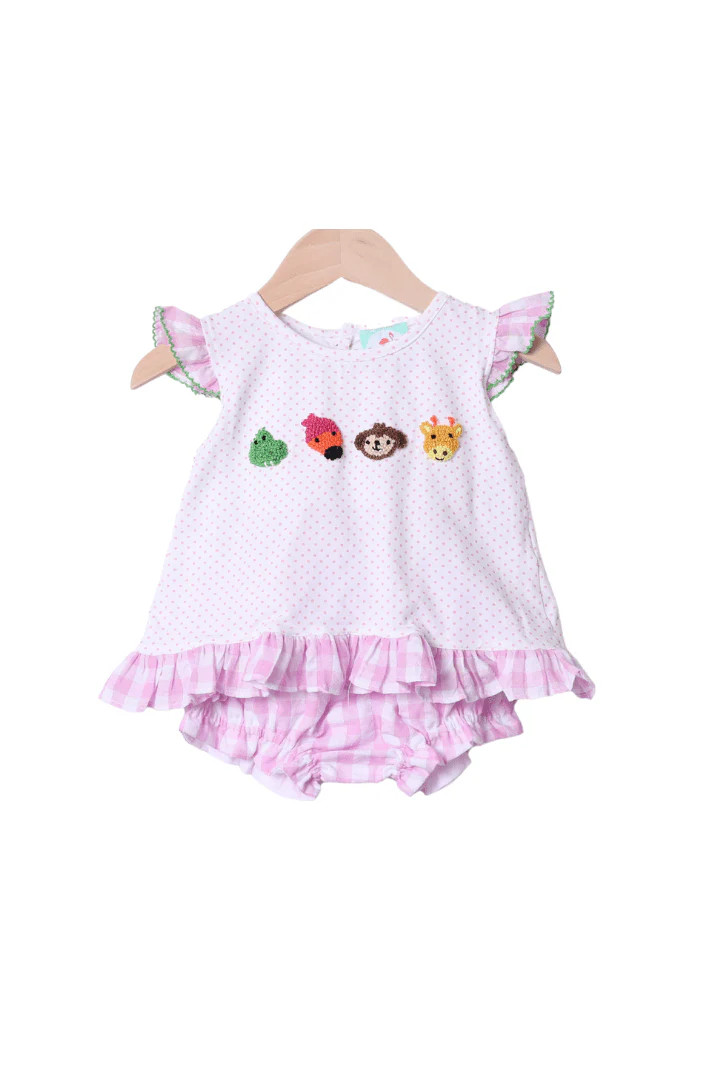 French Knot Zoo Friends Gingham Bloomer Set | The Smocked Flamingo