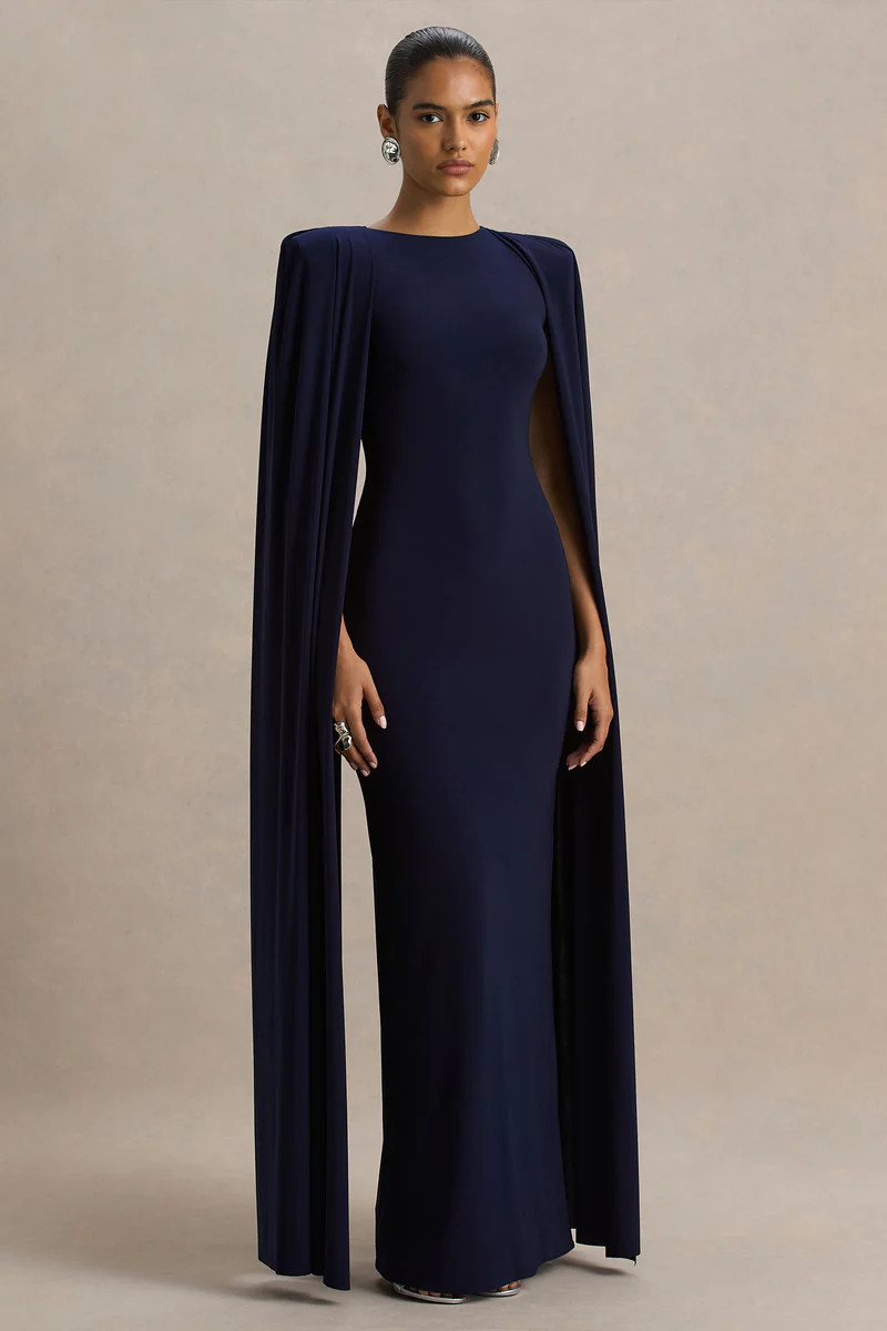 Mimi | Navy High-Neck Maxi Dress With Cape Sleeve Detail | Club L London