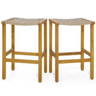 Acacia Wood Outdoor Bar Stools 30 in. Bar Height Stools with PE Rattan Saddle Seat Patio Wicker Bar Chairs (2-Pack) | The Home Depot