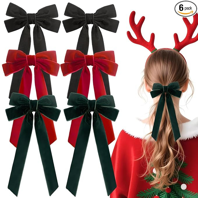 6pcs Velvet Bows Hair Clips Long Hair Ribbons Clips Velvet Hair Bows Christmas Hair Accessories f... | Amazon (US)