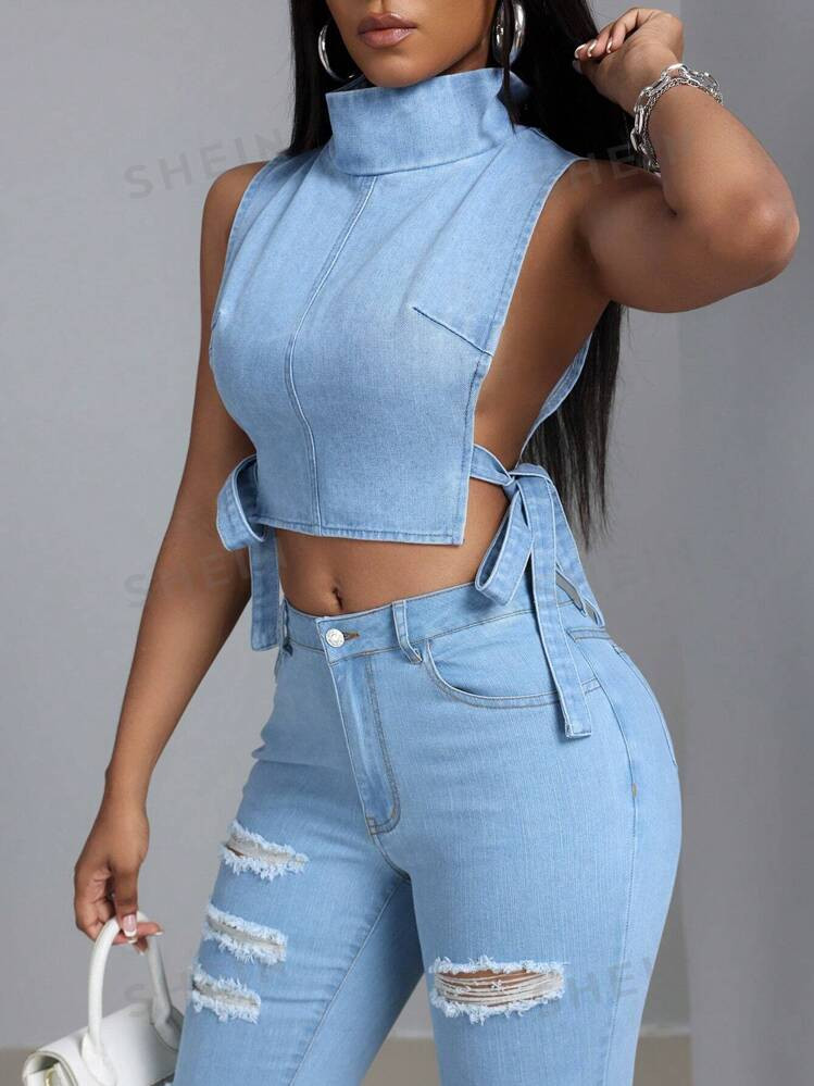 SHEIN SXY Women's Summer Denim Vest With Stand Collar, Side Tie Details And Hollow Out Design | SHEIN