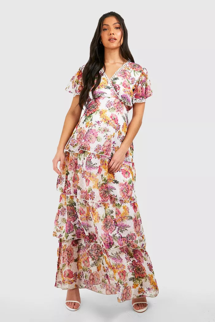 Maternity Floral Dobby Ruffle Maxi Dress | Boohoo.com (US & CA)