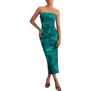 Milumia Women's Printed Strapless Tube Top Maxi Dress Slit Hem Sleeveless Bodycon Wedding Guest P... | Amazon (US)