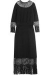 Click for more info about Fringed macramé-paneled silk-crepe dress