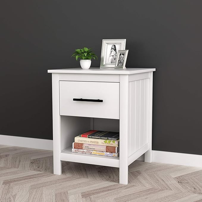 White Finish Nightstand Side End Table with Drawer and Open Shelf 22" H | Amazon (US)