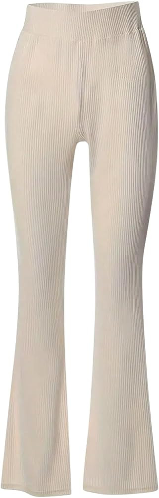 SOLY HUX Women's Elastic High Waisted Ribbed Knit Flare Leg Pants Casual Solid Long Pants | Amazon (US)