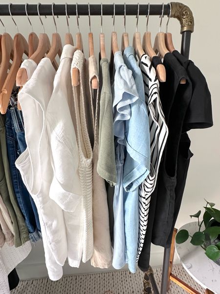 My Minimalist Casual Summer 2024 Capsule Wardrobe ☀️ The colors are black, white, flax, denim, chambray and olive.  The styles are simple and minimal.  All shopping links are on the blog. ✔️

THE TOPS
