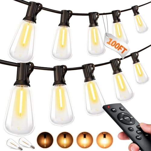 Outdoor String LED Patio Lights - 100Ft 30M Outside Waterproof Light with Remote Dimmable ST38 Shatterproof Bulb Connectable Hanging Outdoor Electric Lighting for Backyard Yard Gazebo Porch Party | Amazon (US)