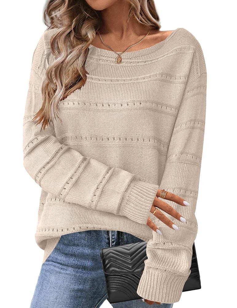 Zeagoo Womens Sweaters Cute Long Sleeve Off The Shoulder Pullover Tops Hollow Out Crochet Dressy ... | Amazon (US)