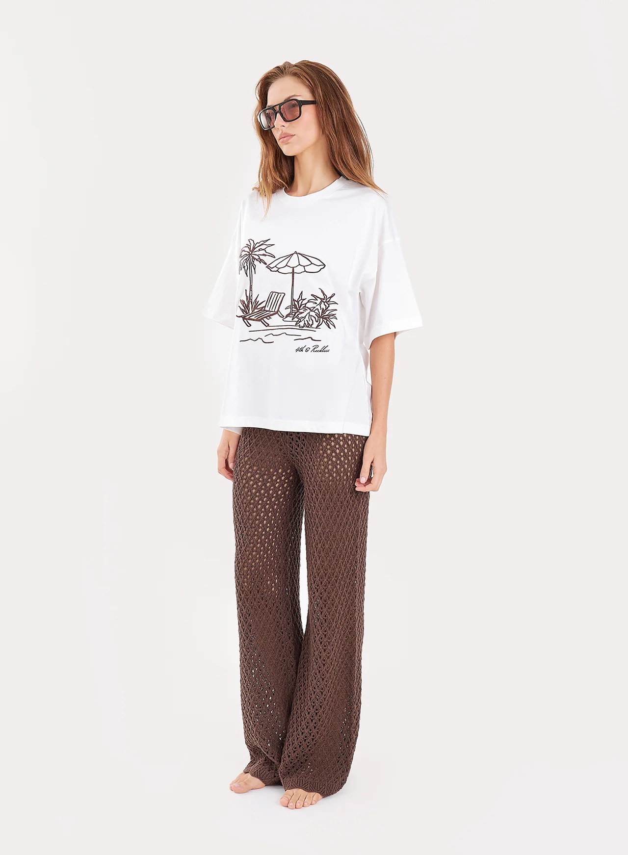 Women's White Beach Embroidered Graphic Cotton T-Shirt | Navagio | 4th & Reckless | 4th & Reckless