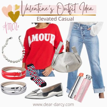 Valentine day  outfit inspo♥️💋💕

Amour  sweatshirt  

Great wide leg jeans with cuff love the cross front bottom detail

Silver metallic accessories  shoes & fun bag … a two pack thin  belt  set  so affordable 

Dior lip gloss 

#LTKGiftGuide #LTKstyletip