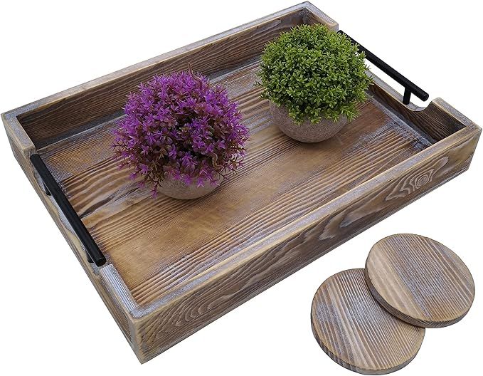 Serving Tray with Handles, Wooden Tray 15.7"x12" Coffee Table Tray Rustic Tray for Ottoman Vintag... | Amazon (US)