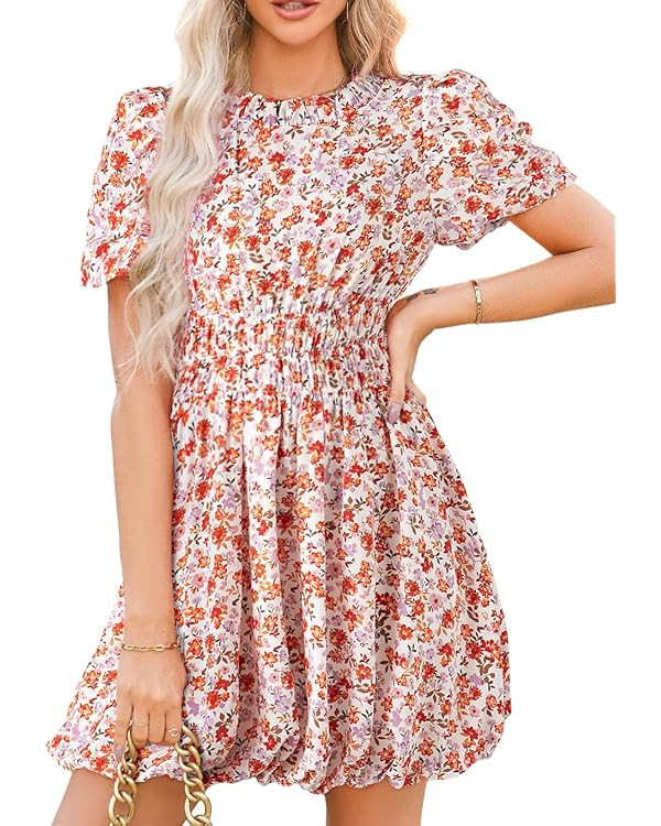 Dokotoo Womens Boho Dresses Crewneck Puff Sleeve Tie Back Smocked Empire Waist Beach Floral Mini ... | Amazon (US)